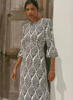 Navy Leaf Print Ruffle Detail Midi Dress