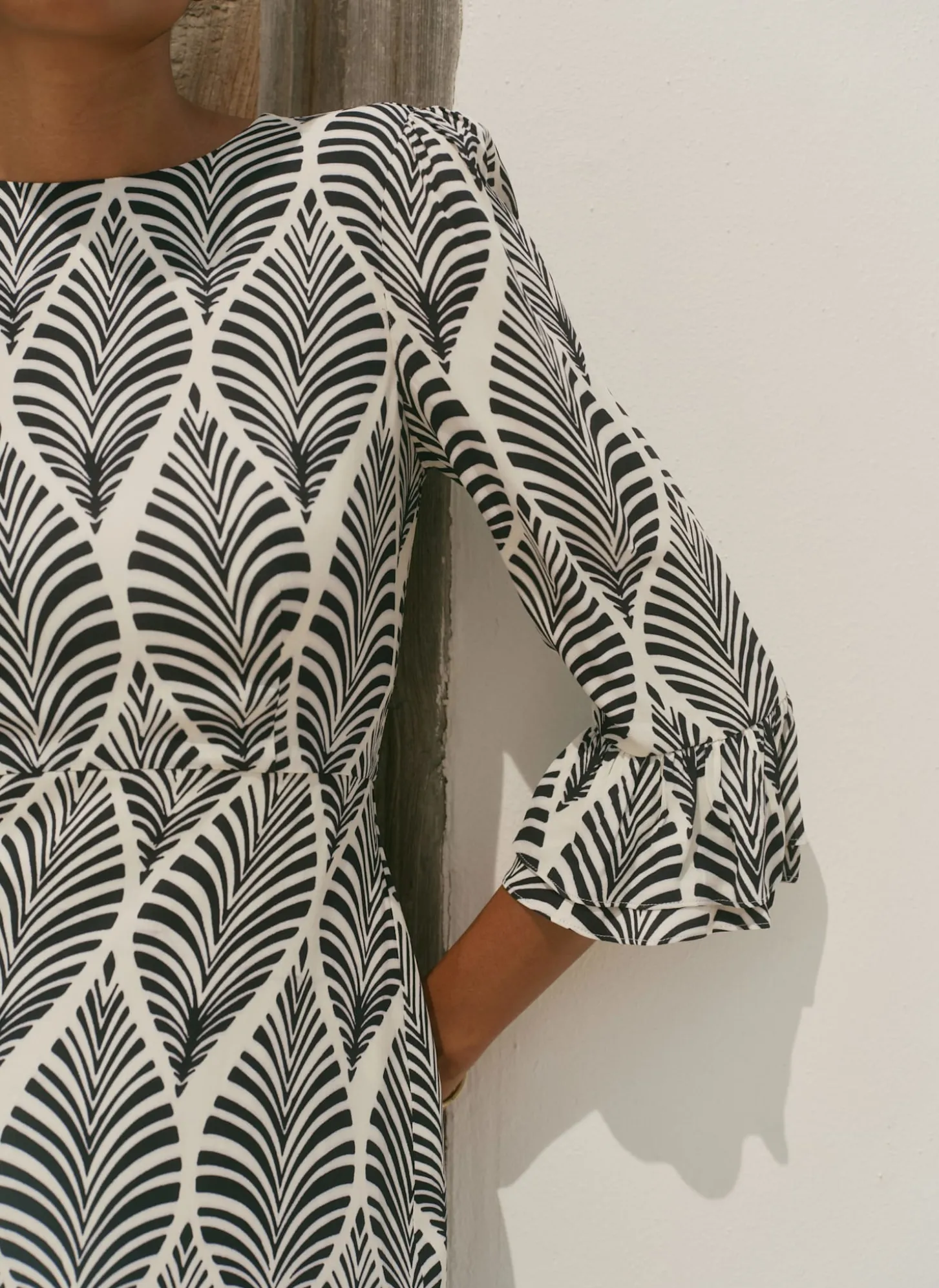 Navy Leaf Print Ruffle Detail Midi Dress