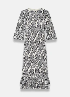 Navy Leaf Print Ruffle Detail Midi Dress