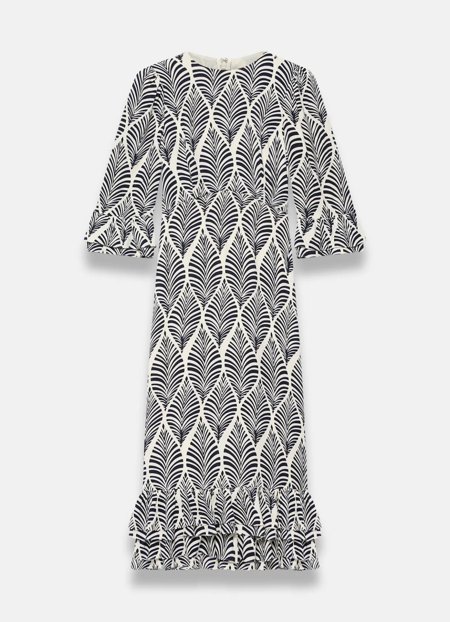 Navy Leaf Print Ruffle Detail Midi Dress
