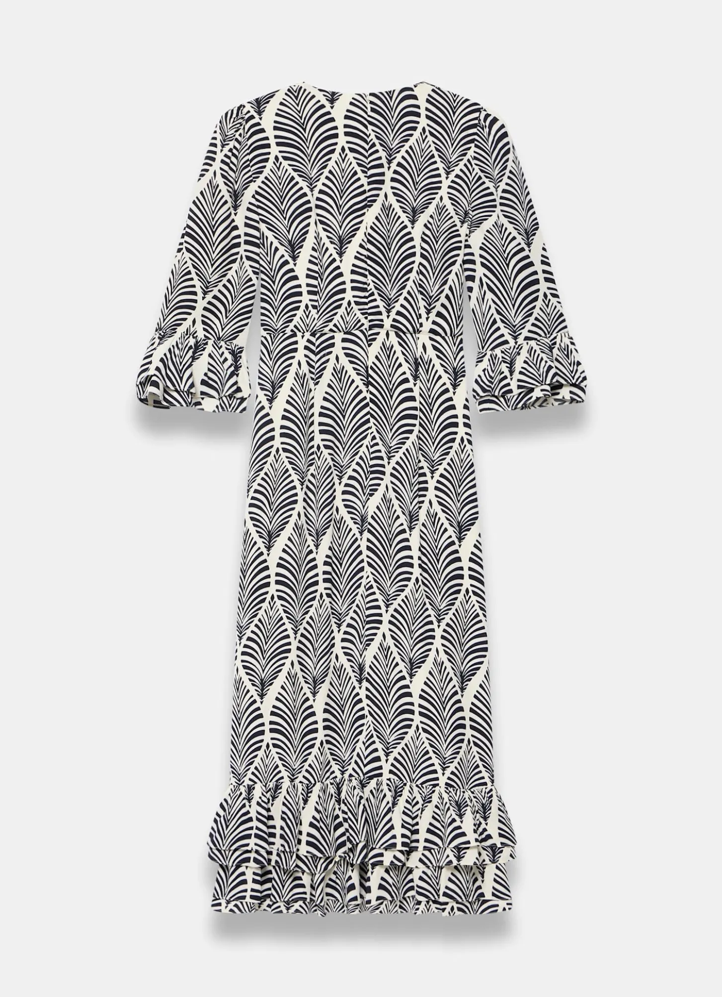 Navy Leaf Print Ruffle Detail Midi Dress