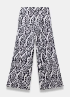 Navy Leaf Print Wide Leg Trousers