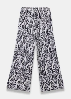 Navy Leaf Print Wide Leg Trousers