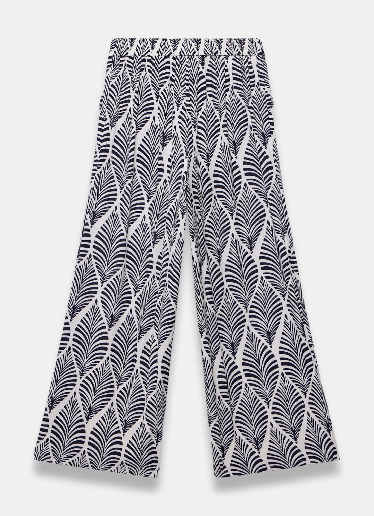 Navy Leaf Print Wide Leg Trousers