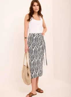 Navy Leaf Print Wrap Midi Skirt