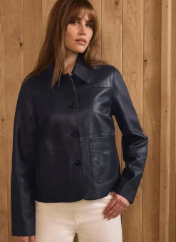 Navy Leather Scallop Detail Jacket