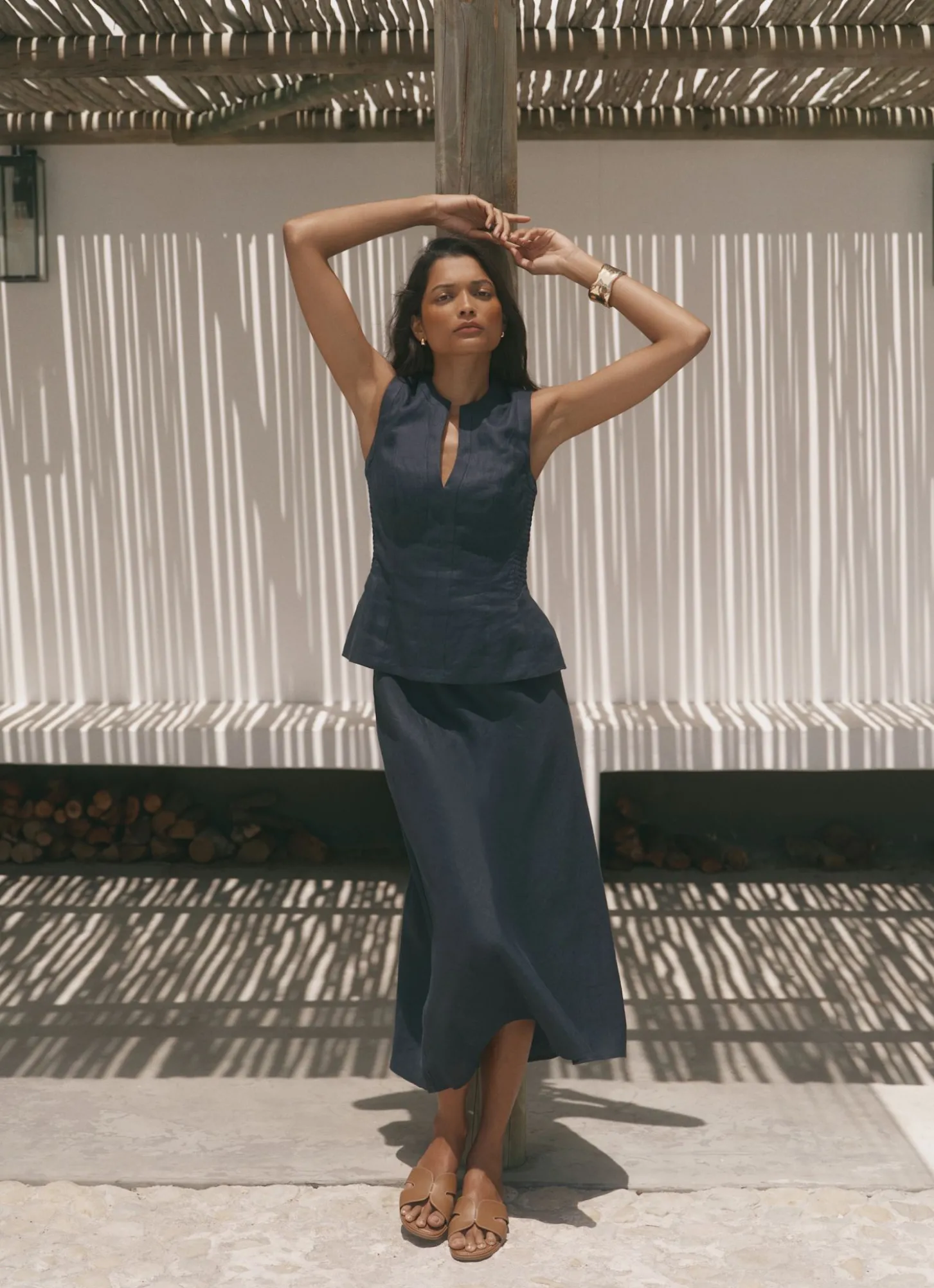 Navy Linen Midi Skirt