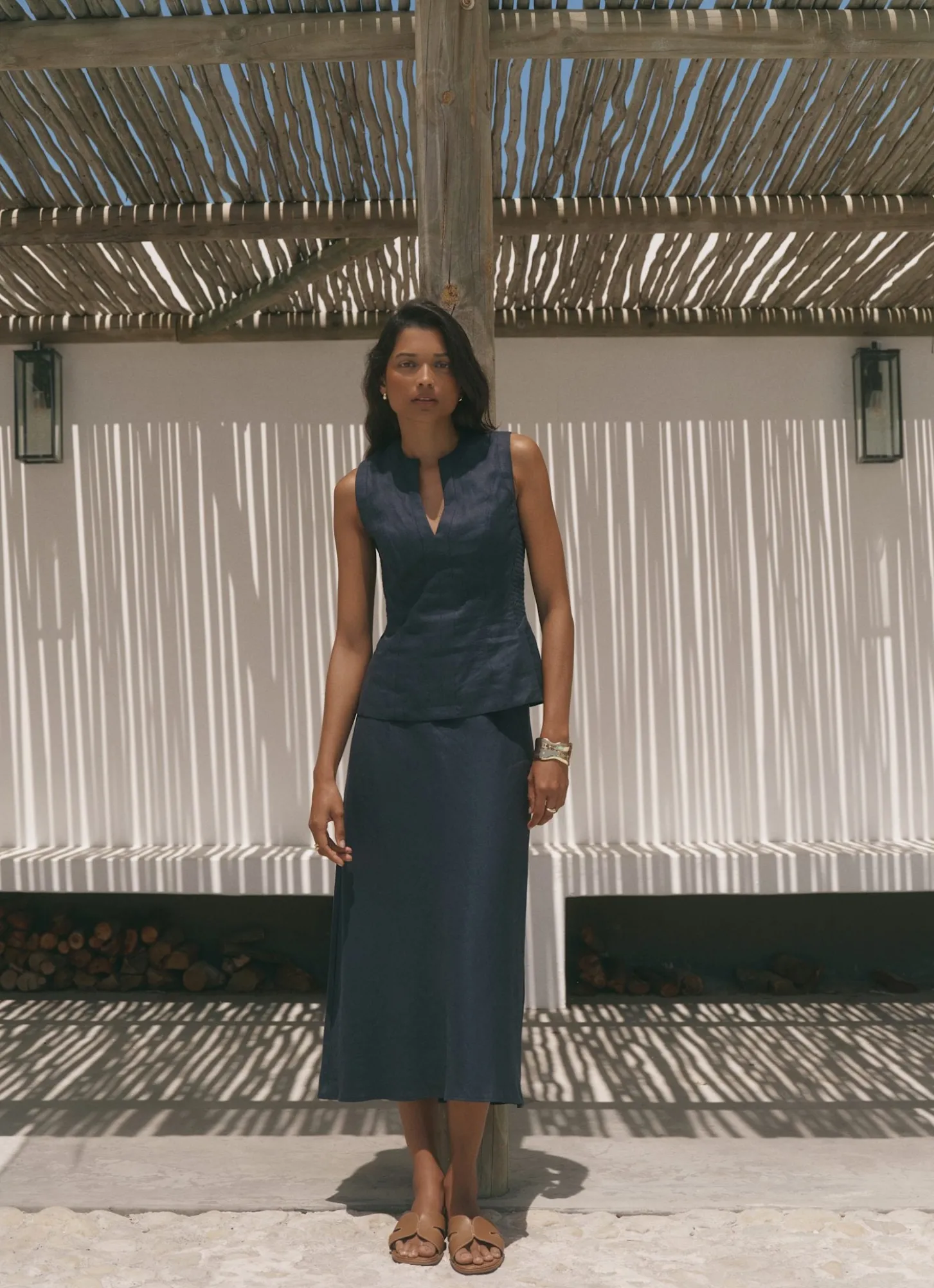 Navy Linen Midi Skirt