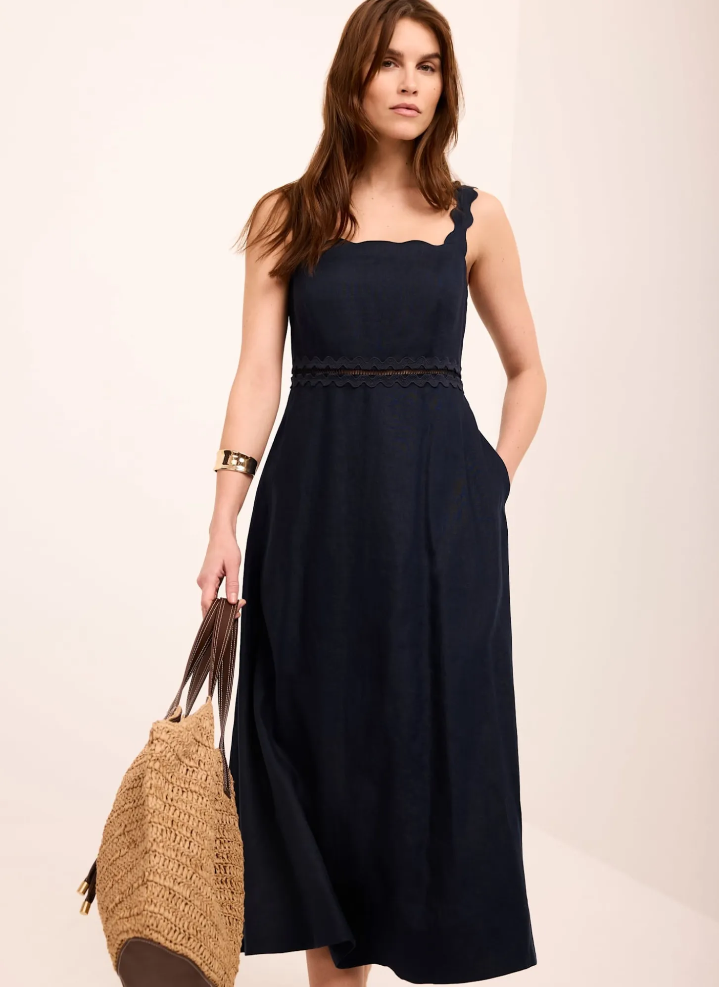 Navy Linen Scallop Trim Midi Dress