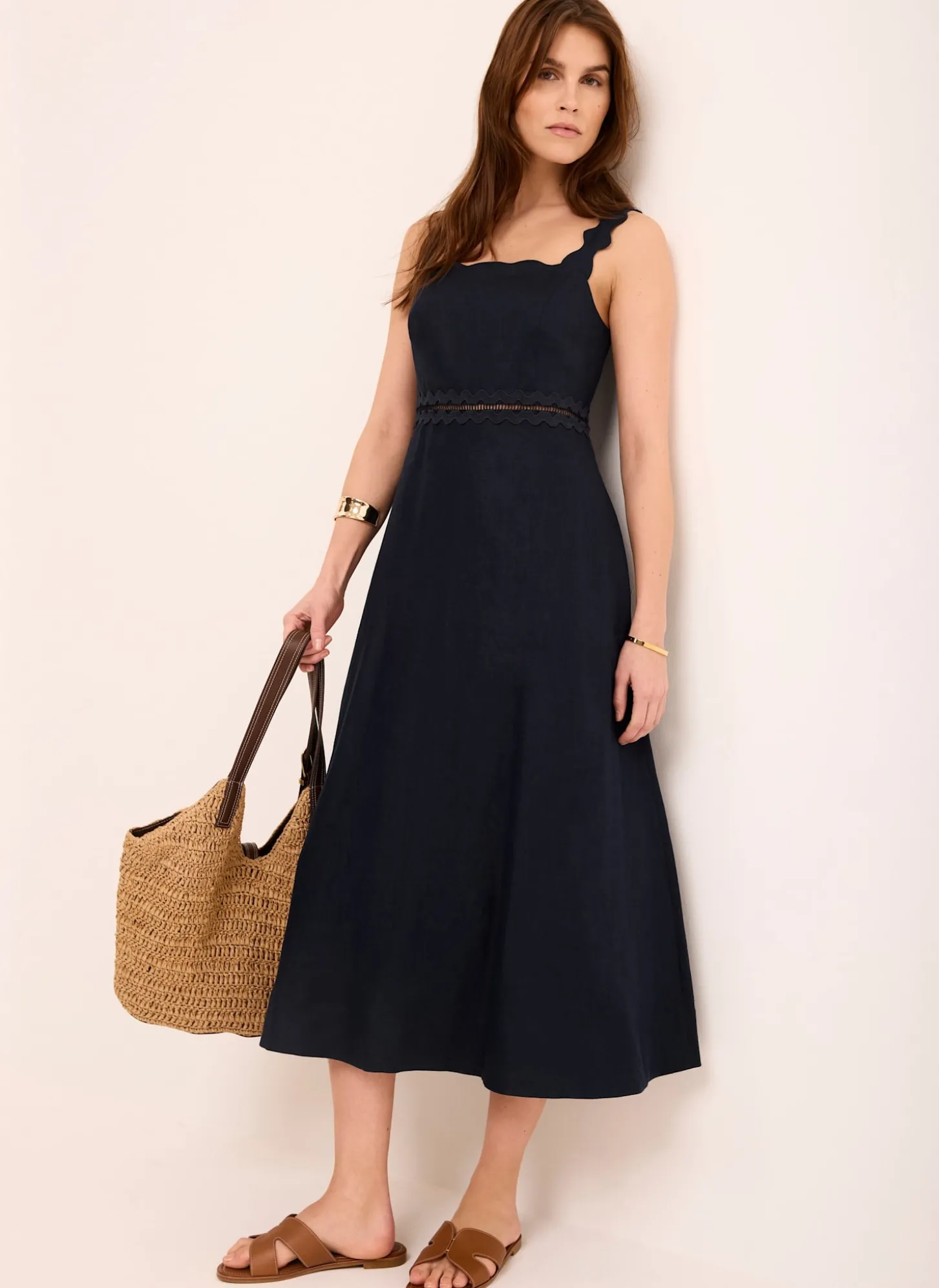 Navy Linen Scallop Trim Midi Dress