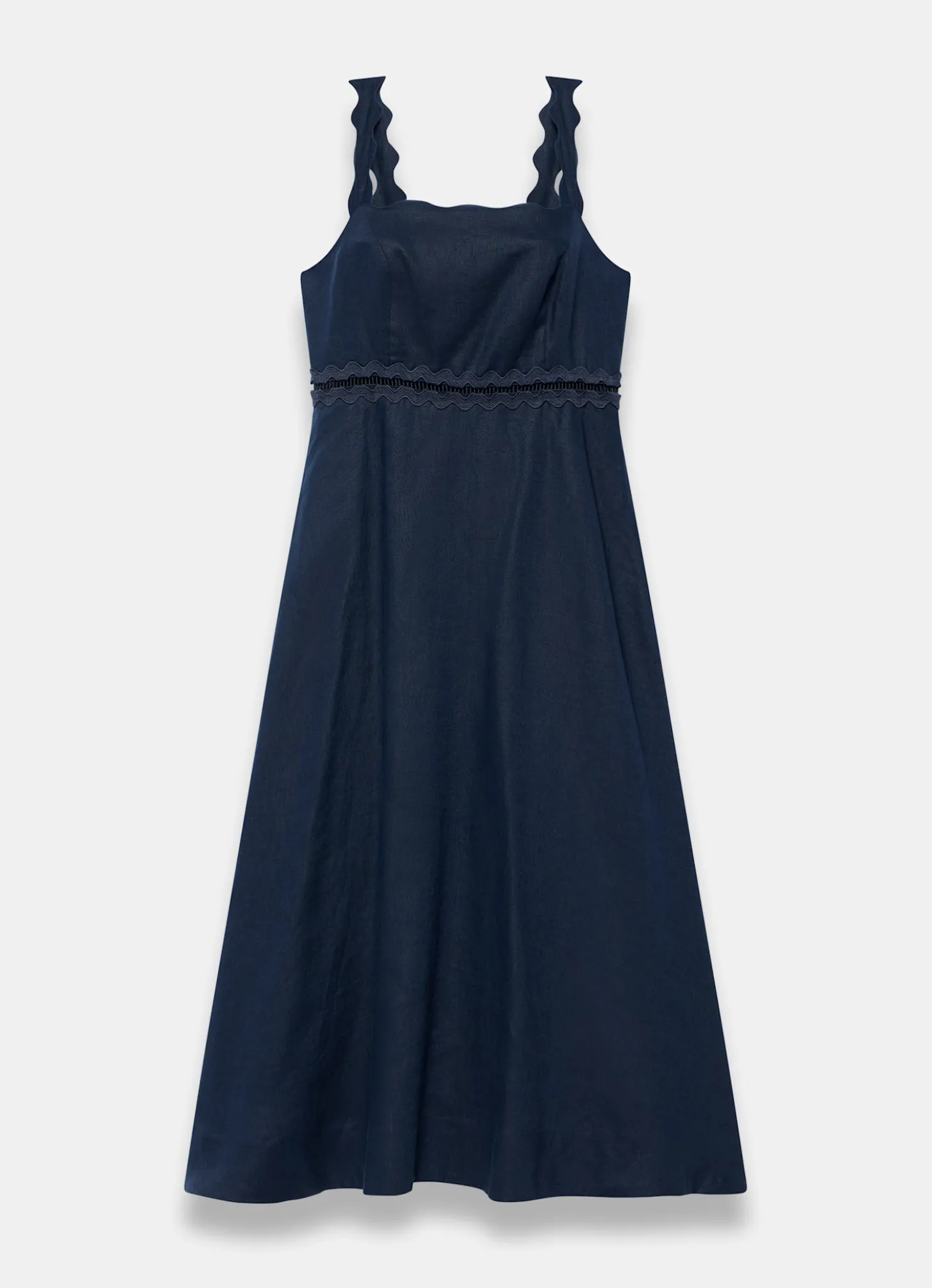 Navy Linen Scallop Trim Midi Dress