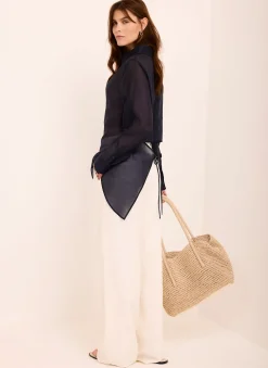 Navy Longline Tie Back Sheer Shirt