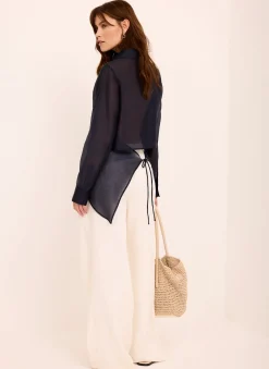 Navy Longline Tie Back Sheer Shirt