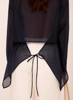 Navy Longline Tie Back Sheer Shirt