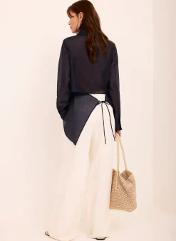 Navy Longline Tie Back Sheer Shirt