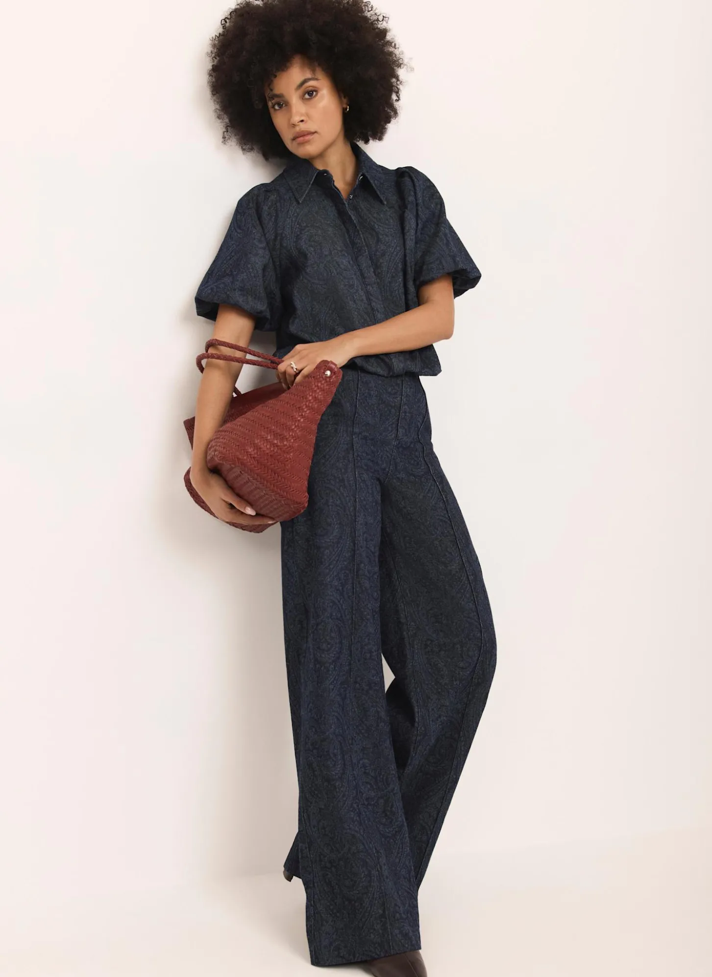 Navy Paisley Denim Wide Jeans