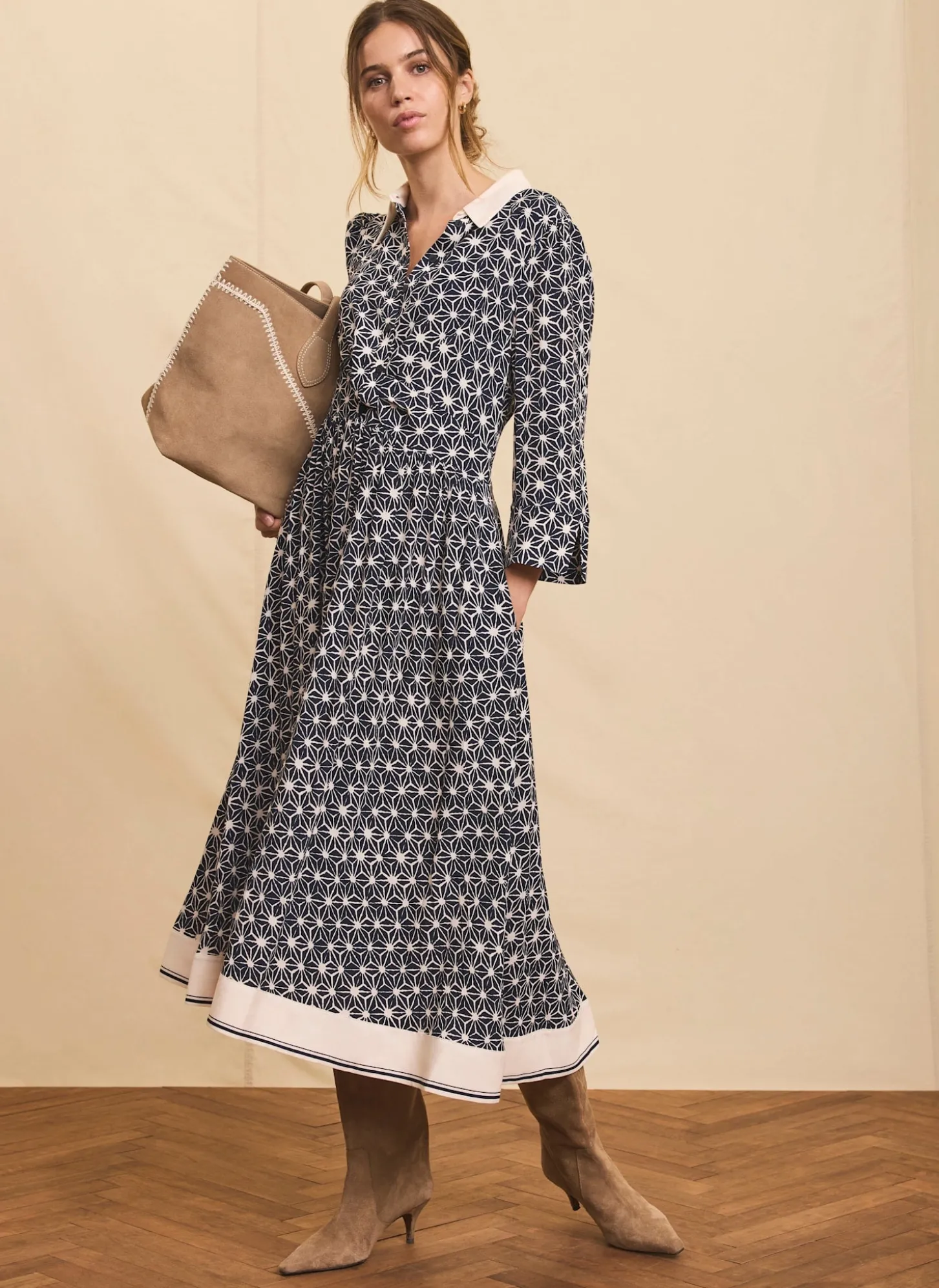 Navy Print Midi Shirt Dress