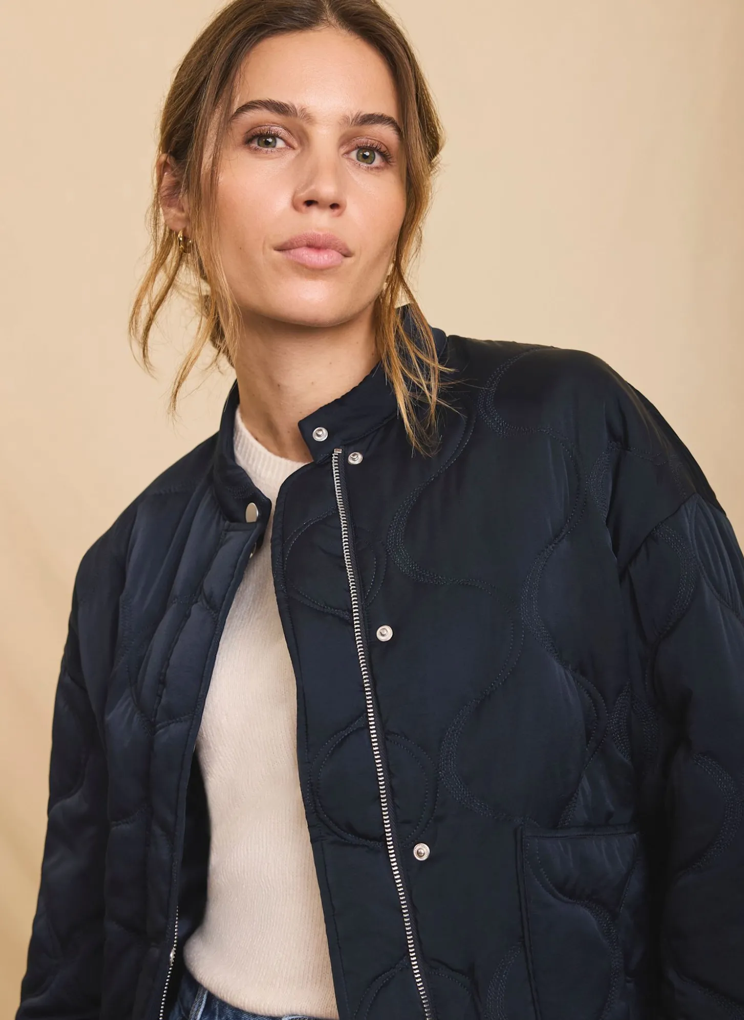 Navy Quilted Bomber Jacket