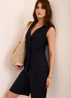 Navy Ramie Longline Waistcoat