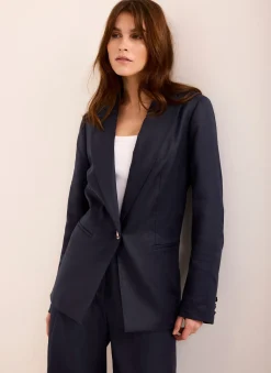 Navy Ramie Single Breasted Blazer