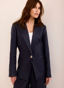 Navy Ramie Single Breasted Blazer