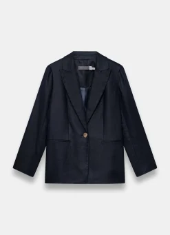 Navy Ramie Single Breasted Blazer