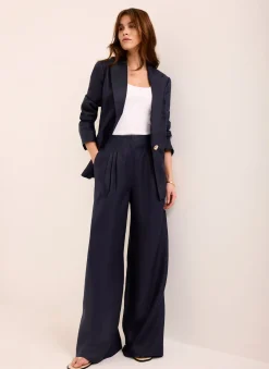 Navy Ramie Wide Leg Trousers