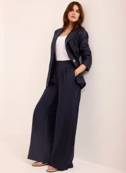 Navy Ramie Wide Leg Trousers