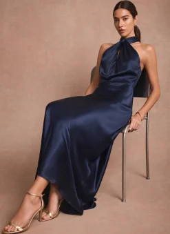 Navy Satin Halter Maxi Dress
