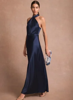 Navy Satin Halter Maxi Dress