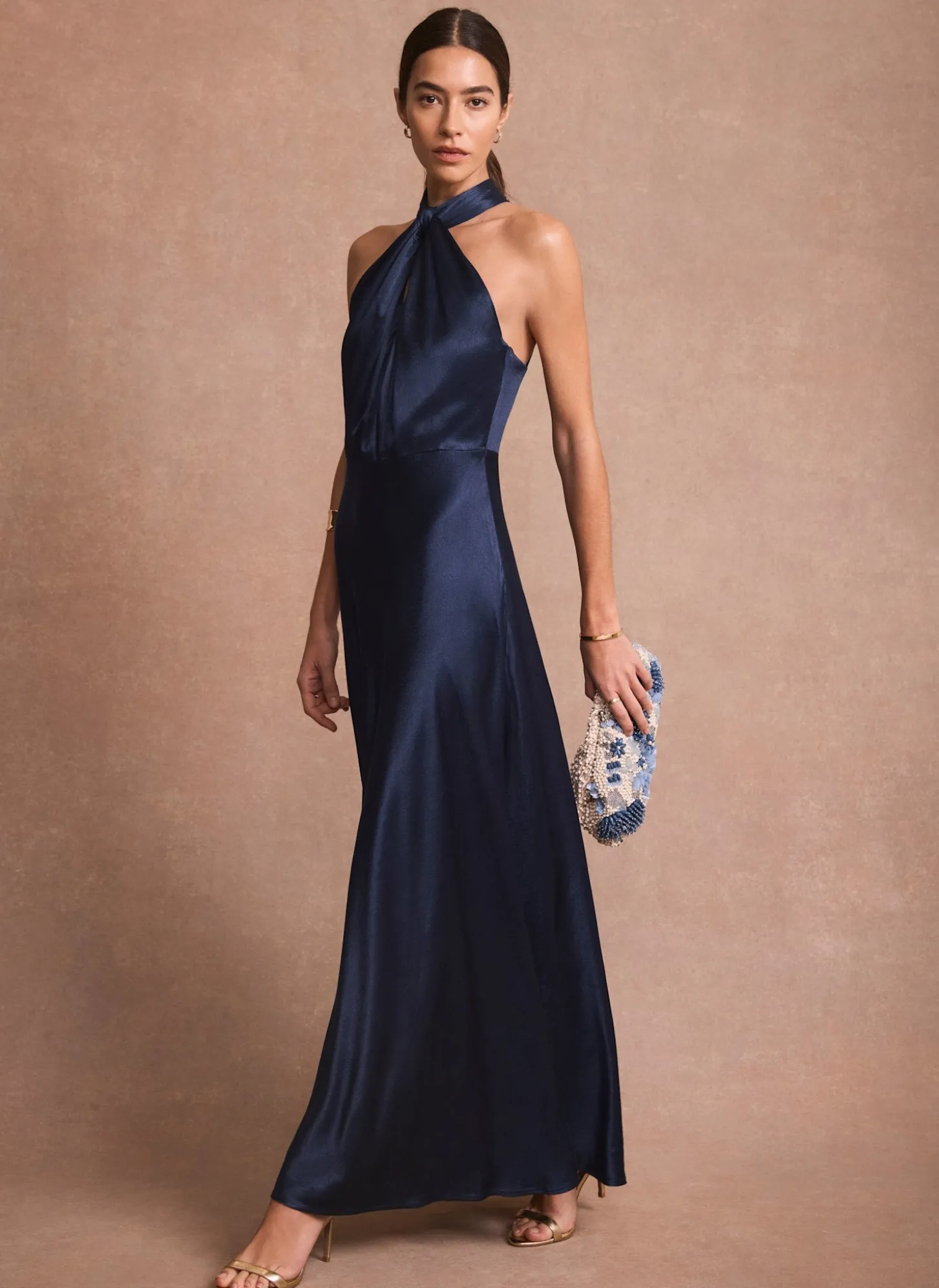 Navy Satin Halter Maxi Dress