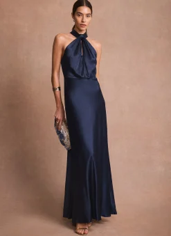 Navy Satin Halter Maxi Dress