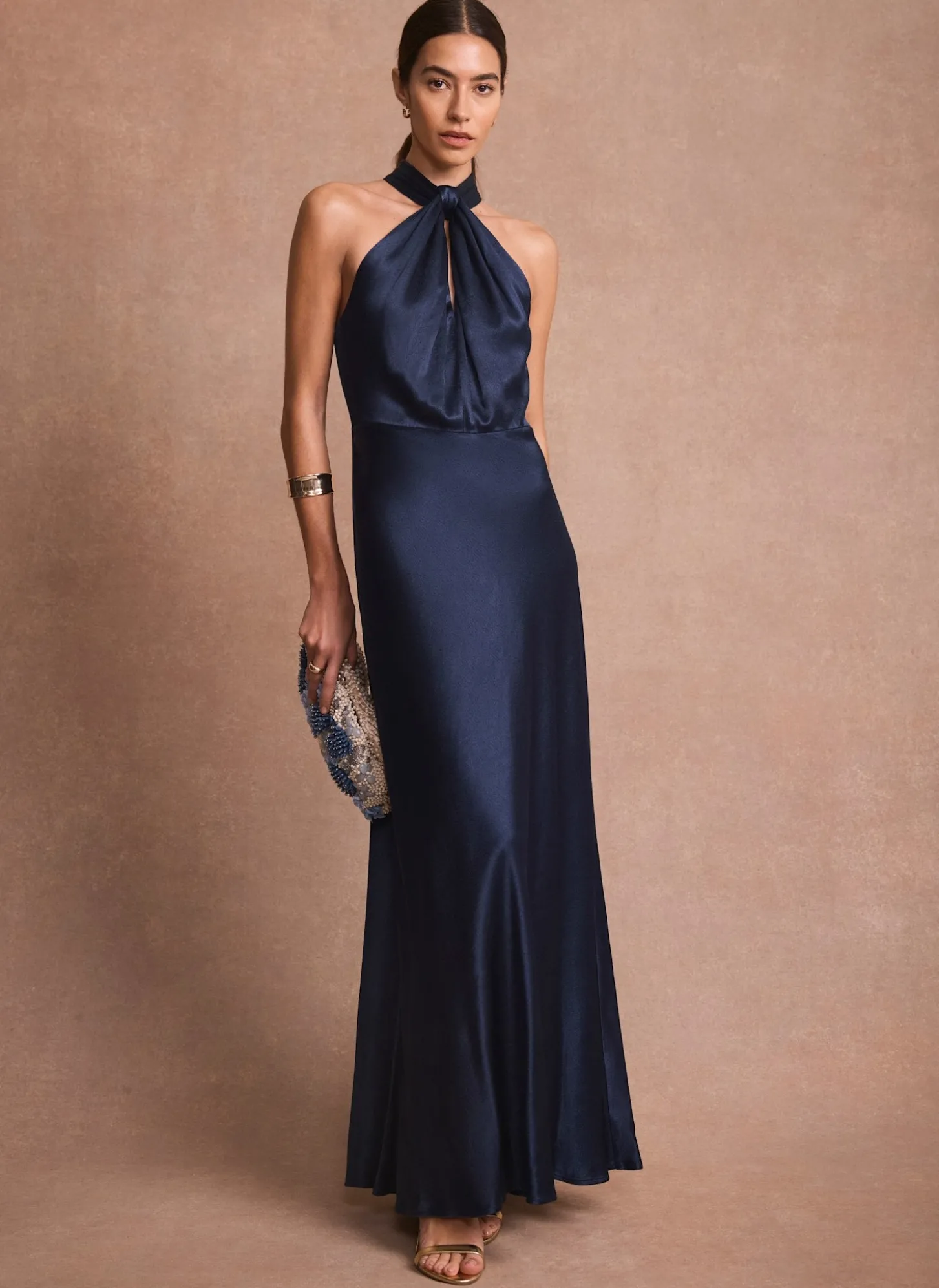 Navy Satin Halter Maxi Dress