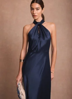 Navy Satin Halter Maxi Dress