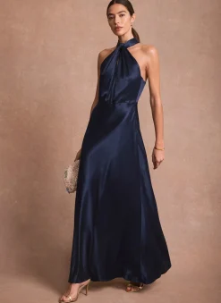 Navy Satin Halter Maxi Dress
