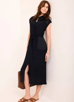 Navy Satin Utility Midi Dress