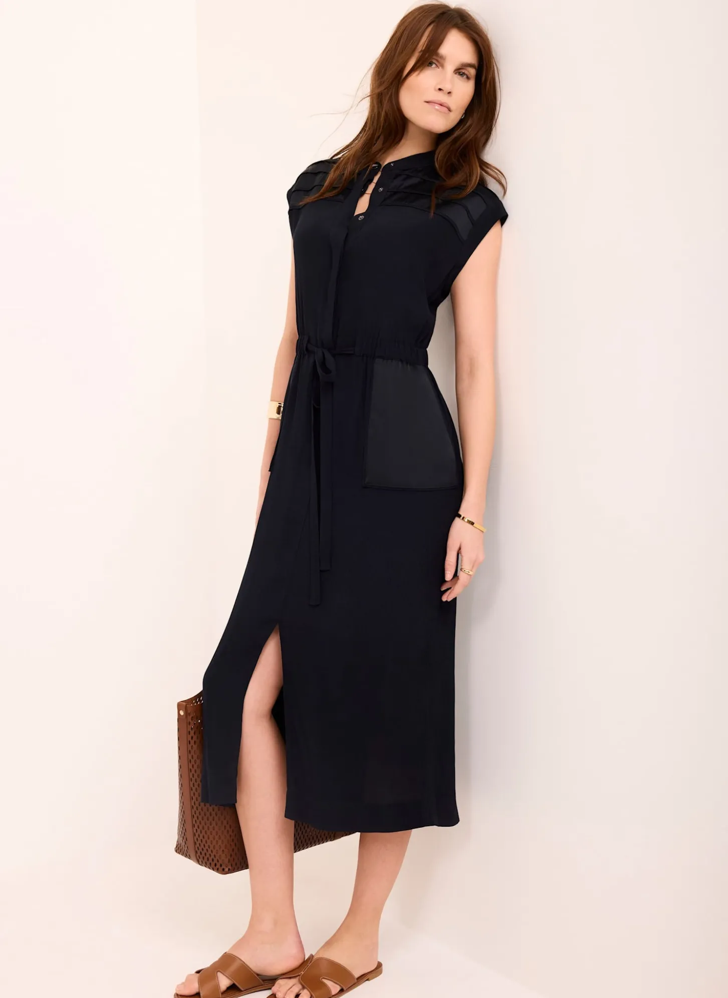 Navy Satin Utility Midi Dress