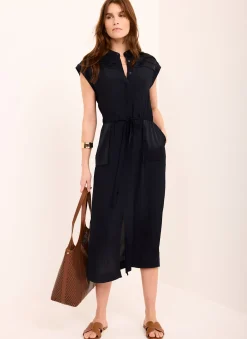 Navy Satin Utility Midi Dress