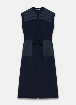Navy Satin Utility Midi Dress