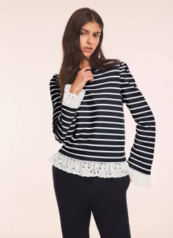 Navy Stripe Broderie Trim Sweatshirt