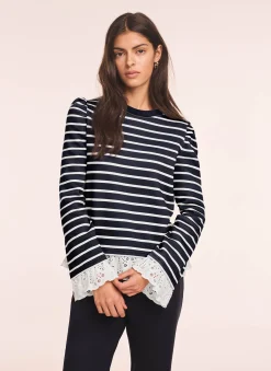 Navy Stripe Broderie Trim Sweatshirt