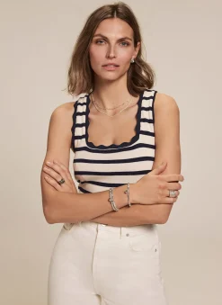 Navy Striped Scallop Trim Vest Top