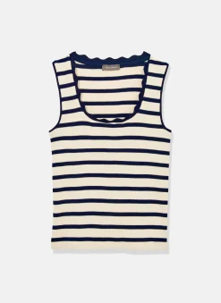 Navy Striped Scallop Trim Vest Top