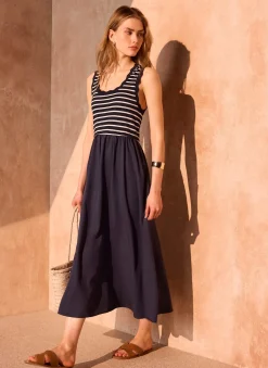 Navy Striped Scallop Trim Midi Dress