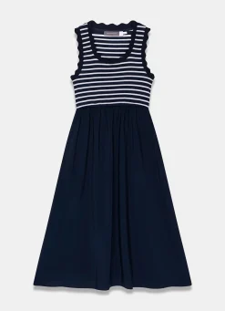 Navy Striped Scallop Trim Midi Dress