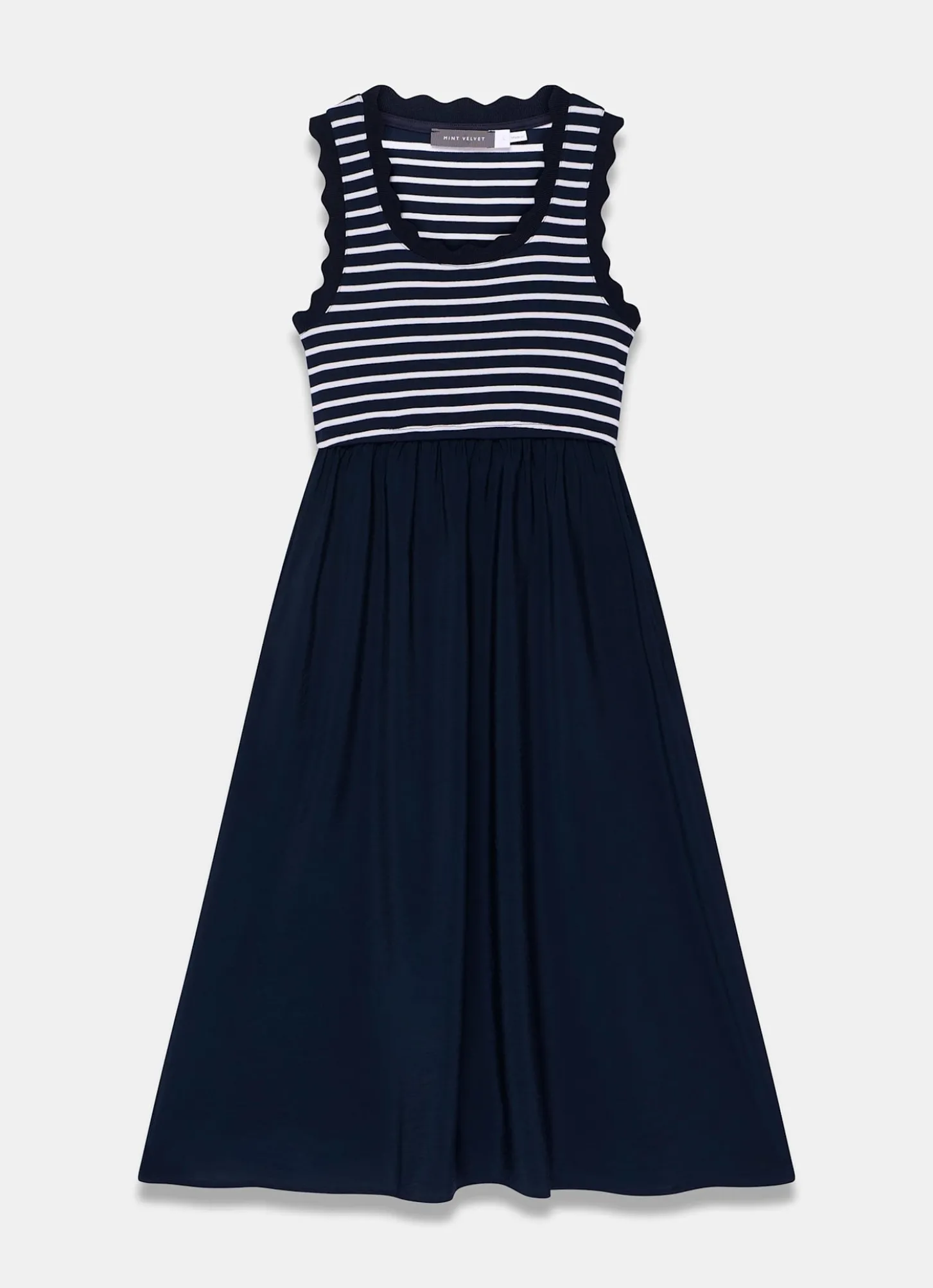 Navy Striped Scallop Trim Midi Dress