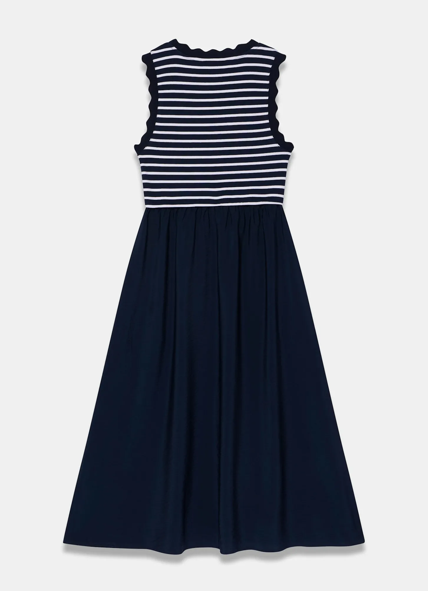 Navy Striped Scallop Trim Midi Dress