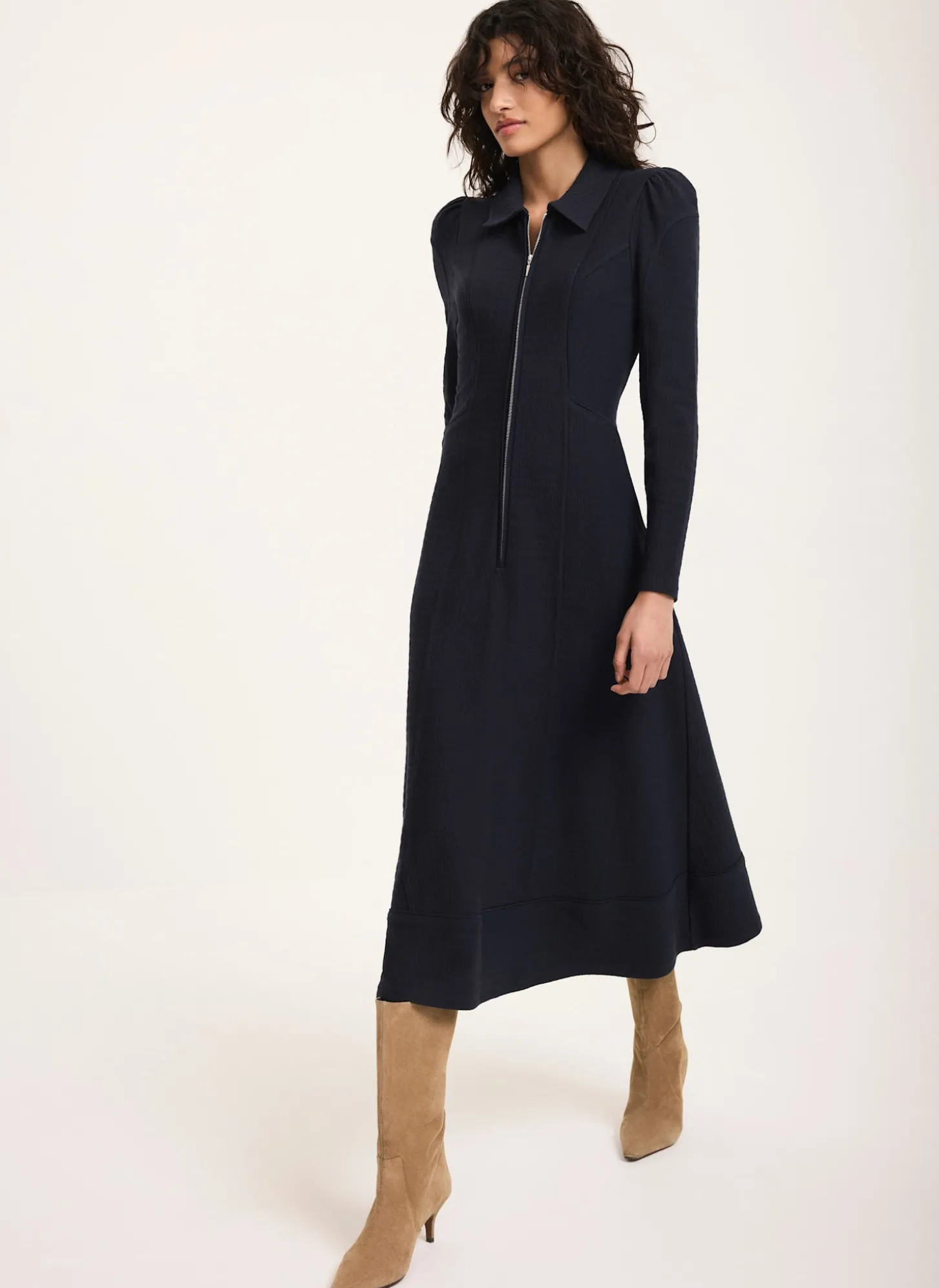 Navy Textured Zip Detail Midi Dress