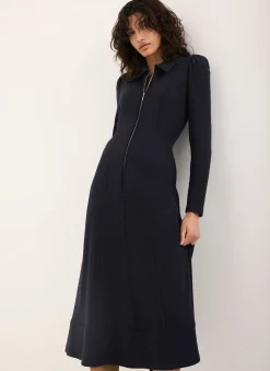 Navy Textured Zip Detail Midi Dress