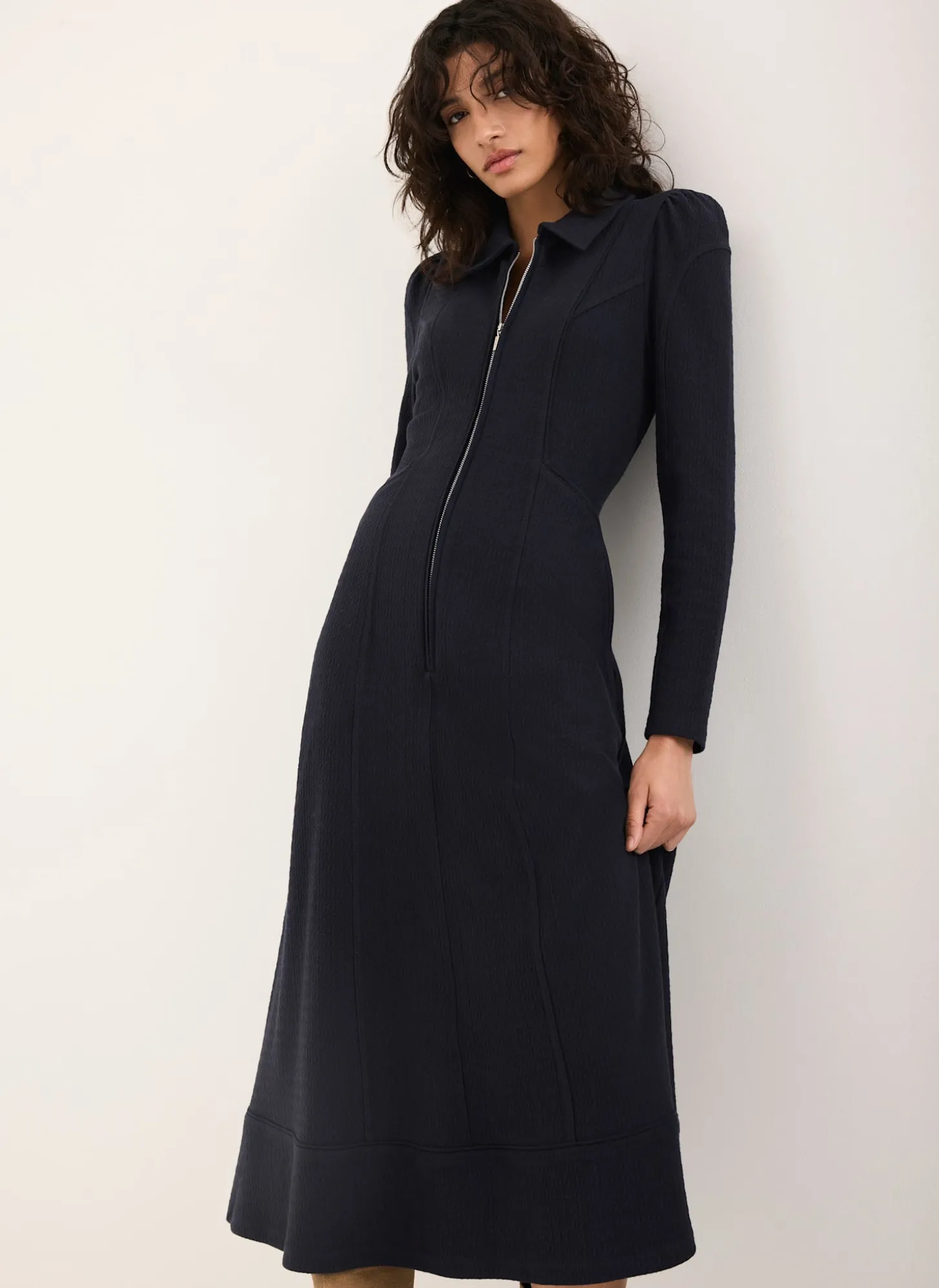 Navy Textured Zip Detail Midi Dress